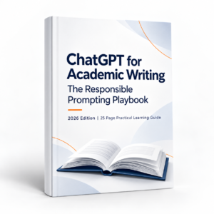 ChatGPT for Academic Writing 2026 PDF Guide featuring a white book cover with an open book illustration